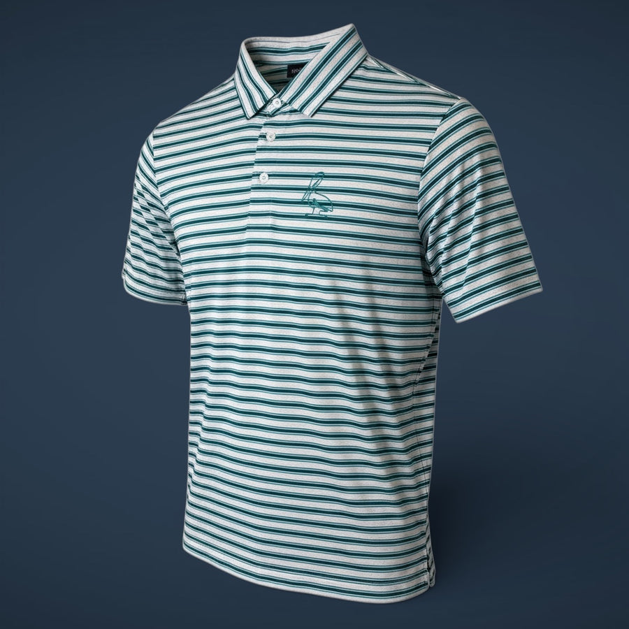 Green and white striped polo shirt on a dark blue background